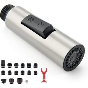 Metal Kitchen Faucet Head Replacement, 2-Mode Pull Down Kitchen Faucet Spray Head with 15 Adapters, High Pressure Sink Sprayer Nozzle Stainless Steel, Brushed Nickel