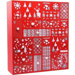 Juegoal Red Advent Calendar with 24 Drawers Countdown to Christmas, Refillable Wooden Advent, 15 Inches Tall