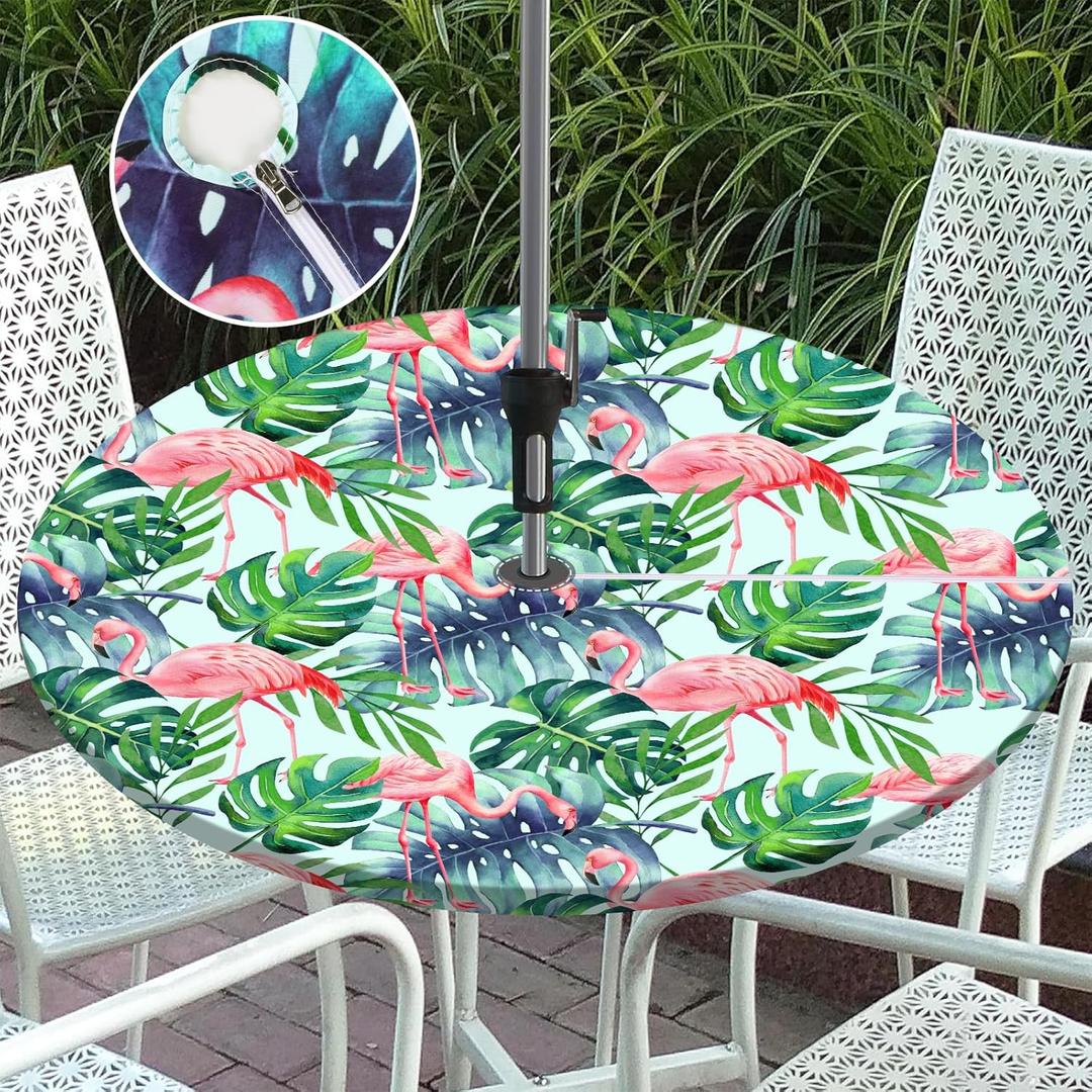 Vaukki Outdoor Picnic Fitted Tablecloth with a Hole and Zipper, Waterproof Patio Table Covers, Camping Zippered Tablecloth for Patio, Picnic, Camping, Dinner (Leaf, Fit 36-44 Inch Round Table)