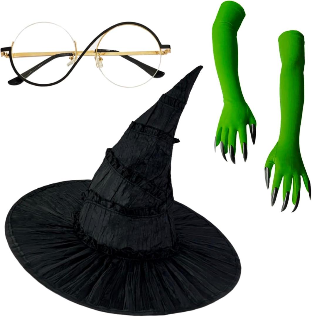 Halloween Witch Costume Set  Witch Hat, Green Claw Gloves & Glasses  4pcs Dress-Up Kit for Cosplay & Party Fun