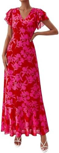 PRETTYGARDEN Spring Dresses for Women 2026 Summer Boho Floral Ruffle Short Sleeve Flowy Beach Wedding Guest Maxi Long Dress