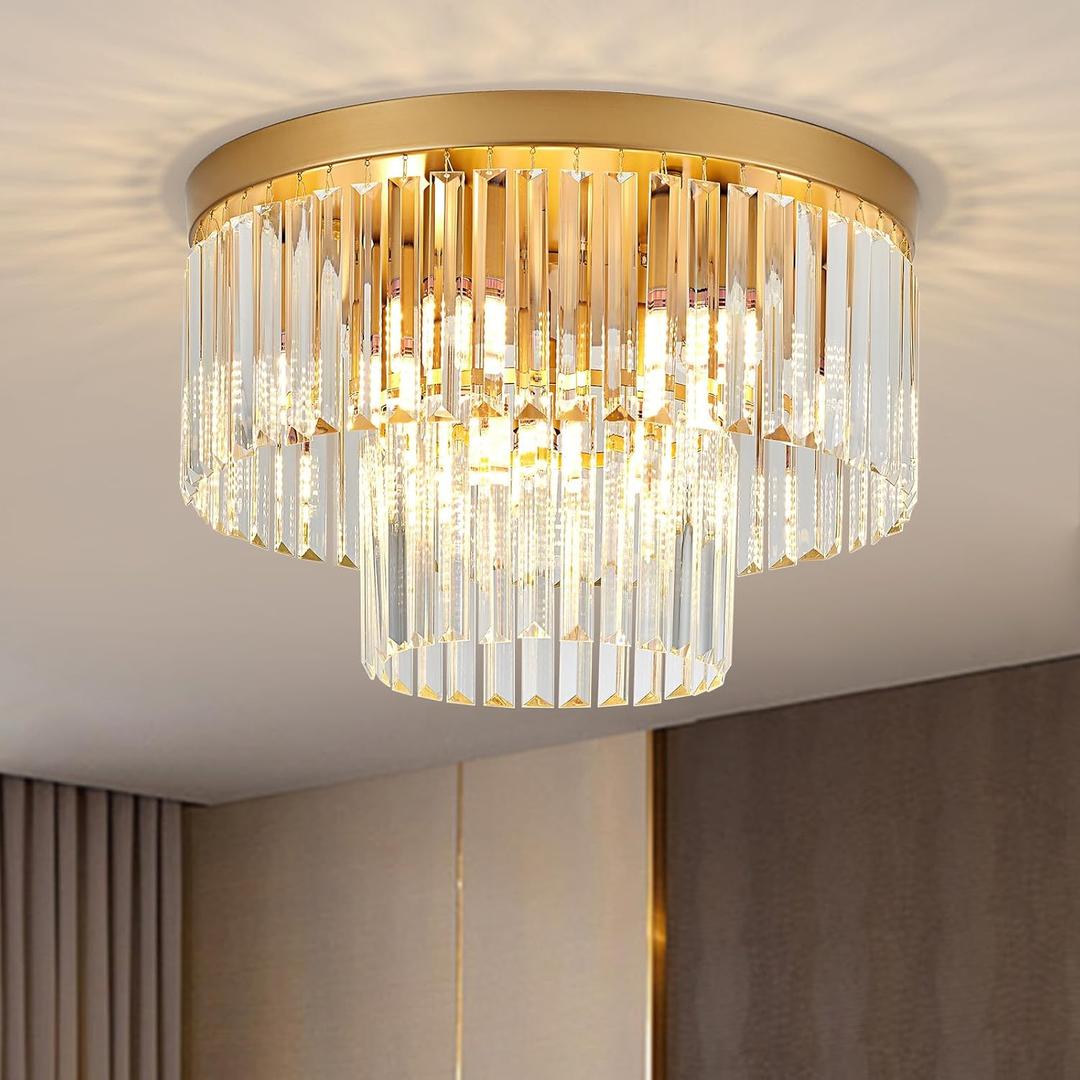 17" Gold Crystal Ceiling Light 9-Light Modern Crystal Light Fixture 2-Tier Luxury K9 Crystal Ceiling Light,for Dining Room Kitchen Island Living Room Bedroom