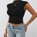Nasperee Women Sleeveless/Cap Sleeve Mock Turtleneck Tank Tops Slim Fit Side Ruched Stretch Crop Y2K Tee Shirts (Black, XS)