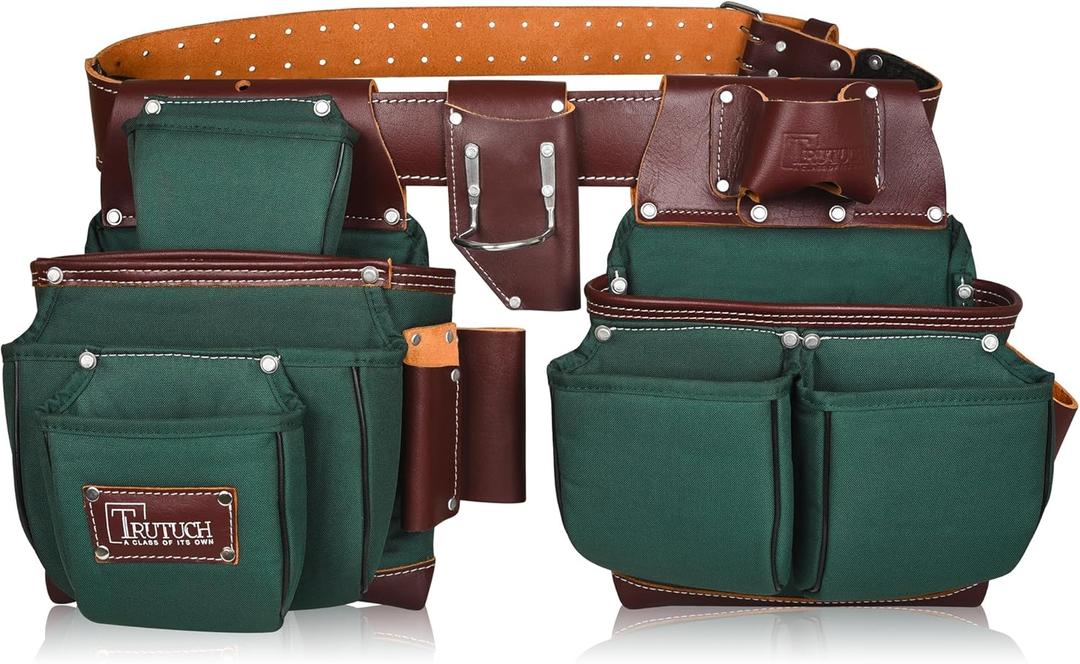 Nylon and Leather Tool Belt | Framing Tool Bags/Pouch | for Carpenter, Construction, Framers & Electrician (Green)