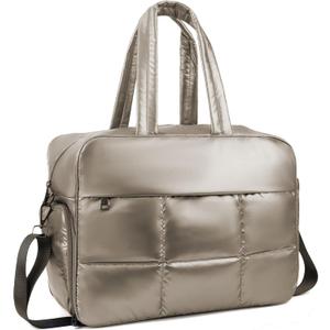 Weekender Fluffy Bag Quilted Nylon Puffer Tote Bag Personal Item Bag for Airlines Overnight Bag Gym Bag (Champagne)