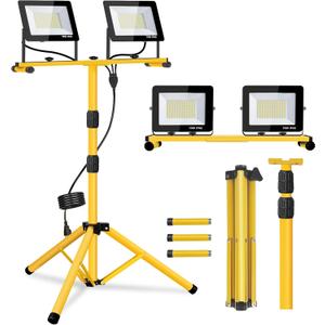 Work Lights with Stand, 21000 Lumen, 2 Adjustable Heads LED Work Lights, with Adjustable and Foldable Tripod Stand, Waterproof Lamp with Individual Switch with 6500 Kelvin Color Temperature (2-Heads)