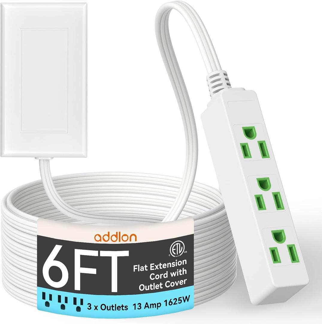 addlon Flat Plug Power Strip with Ultra-Thin Wall Plate, 6 FT Flat Extension Cord with 3 Standard 13A 1625W Outlets, Electrocution Protection, Includes 2 Sets of Fixing Clip, ETL Listed