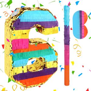 Rainbow Number 6 Pinata with a Blindfold and Bat for Boys Girls 6th Birthday Party, Kids Anniversary Celebration, Fiesta Supplies (16.1 x 10.6 x 3.2 Inches)