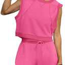 SENSERISE Womens Two Piece Workout Sets Matching Sweat Sets Summer Outfits Oversized Crop Tank Top and Shorts, Size M, Pink