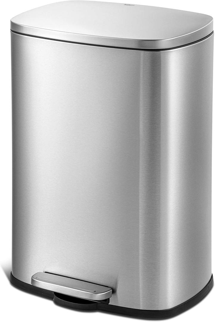 QUALIAZERO 50L/13Gal Heavy Duty Hands-Free Stainless Steel Commercial/Kitchen Step Trash Can, Fingerprint-Resistant Soft Close Lid Trashcan, 50L / 13 GAL