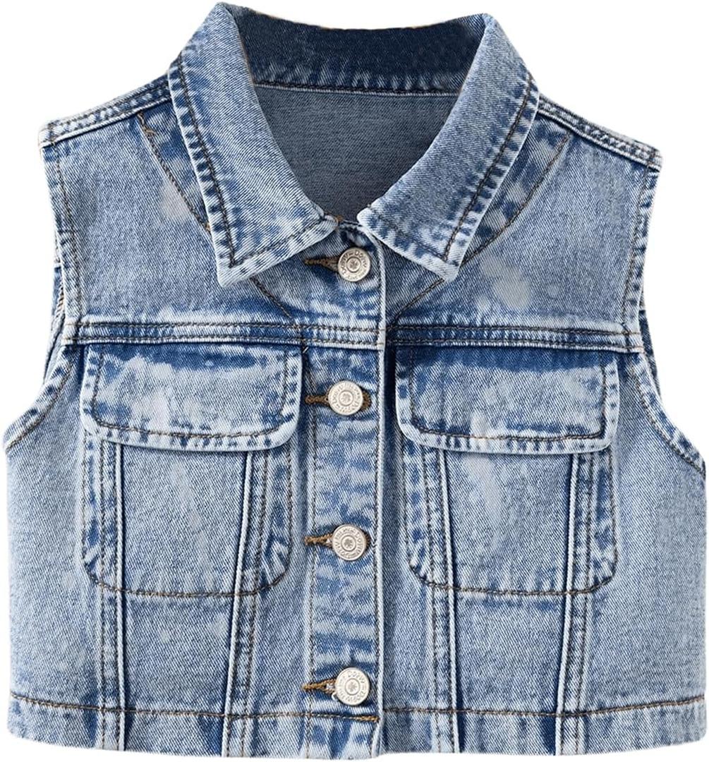 Girl's Denim Jacket Vest Collar Neck Button Front Sleeveless Jean Jacket Outerwear with Pockets Summer Jacket 10Y