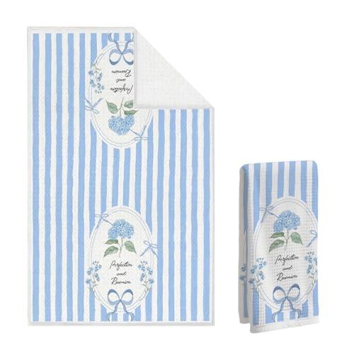 Nihilform Hydrangea Hand Towel, Floral Waffle Weave Towels - 16x24 Inch Blue Striped “Perfection & Reunion” Dish Tea Towel Decor for Kitchen/Flower Lovers
