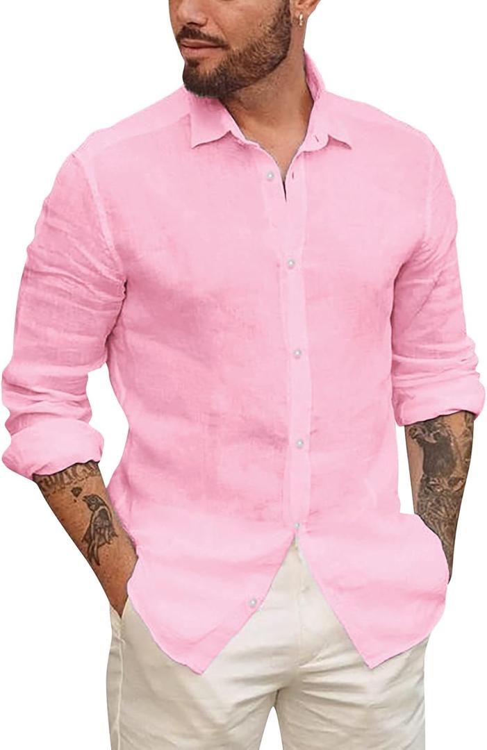 Mens Button Up Shirts Linen Beach Long Sleeve Casual Cotton Summer Lightweight Tops, Large