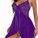 DIKFA Lingerie for Women Lace Babydoll Sleepwear V Neck Open Front Chemises Sexy Spaghetti Strap Nightgown, Size Small