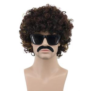 VGbeaty Men Short Curly Brown Rocker Black Mustache Beard Wig California Halloween Party Wig (Brown And Blonde with Mustache)