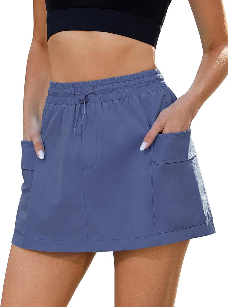 luvamia Skorts for Woman High Waisted Pull On Elastic Waist Cargo Pockets Quick Dry Hiking Tennis Sports Skirt Shorts (Blue, XXL)