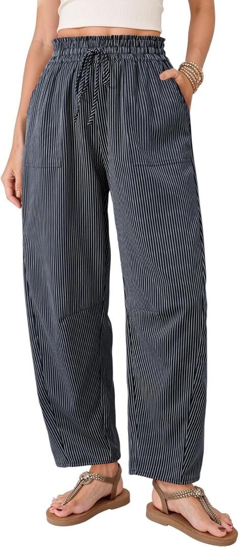 Dokotoo Women's Striped Barrel Casual Pants High Waisted 2026 Elastic Drawstring Trousers (Medium)