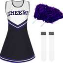 Women's Cheerleader Costume Outfit Cheer Dress with Pom Poms & Retro Striped Socks for Halloween Sports Events Theme Parties