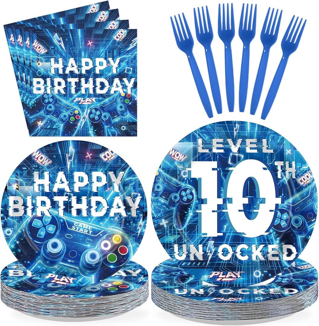 96Pcs Level 10 Birthday Party Decorations Boy 10 Years Old Plates and Napkins Blue Video Game Tableware Set for Boys Gamer Gaming 10th Birthday Party Supplies, Serves 24