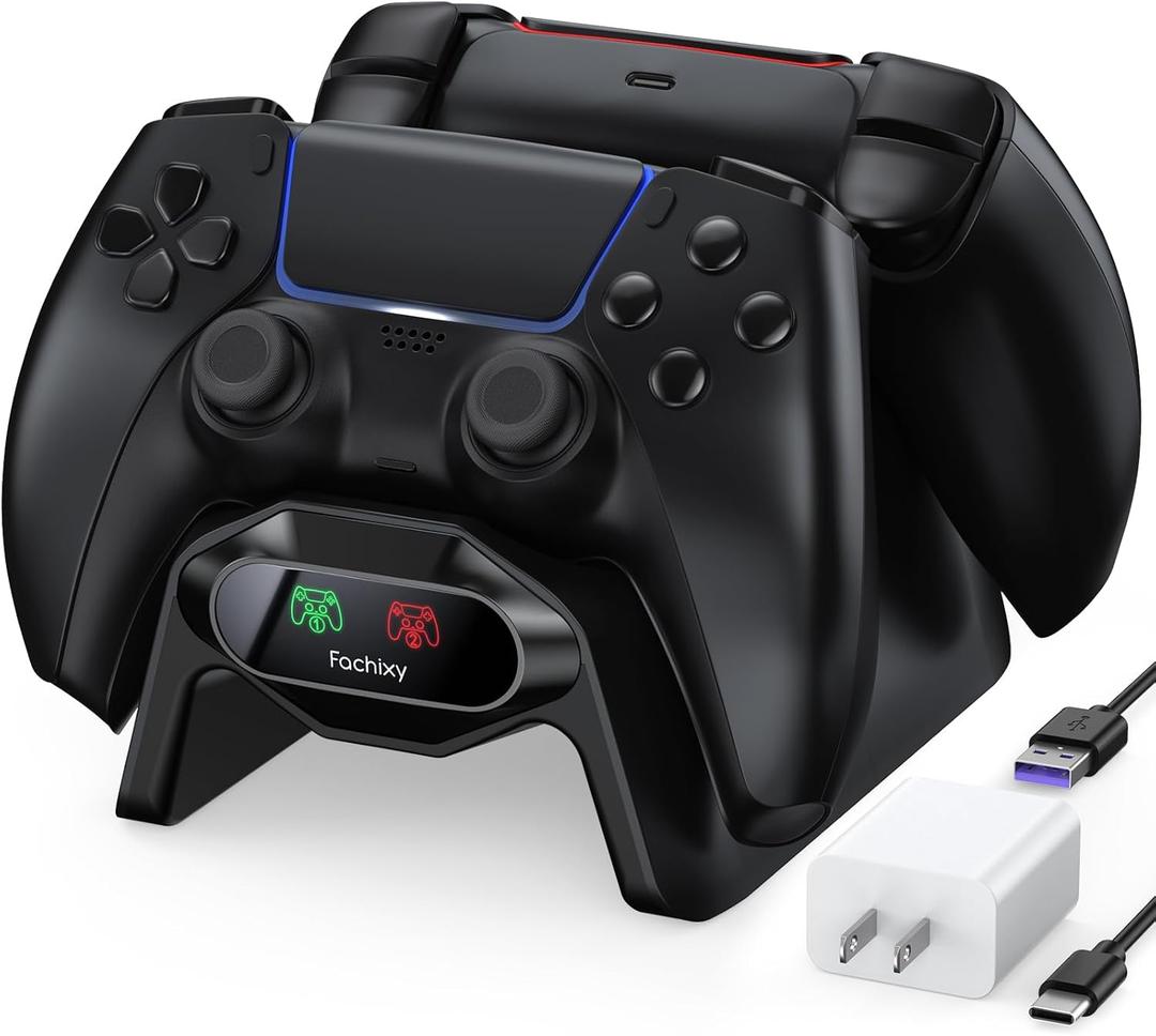 Fachixy Controller Charger for PS5, with 2-Hour Fast Charging chip, PlayStation 5 Charging Station with US Power Adapter and Cable, with LED Charging Status Indicator Light, Black (Pro)