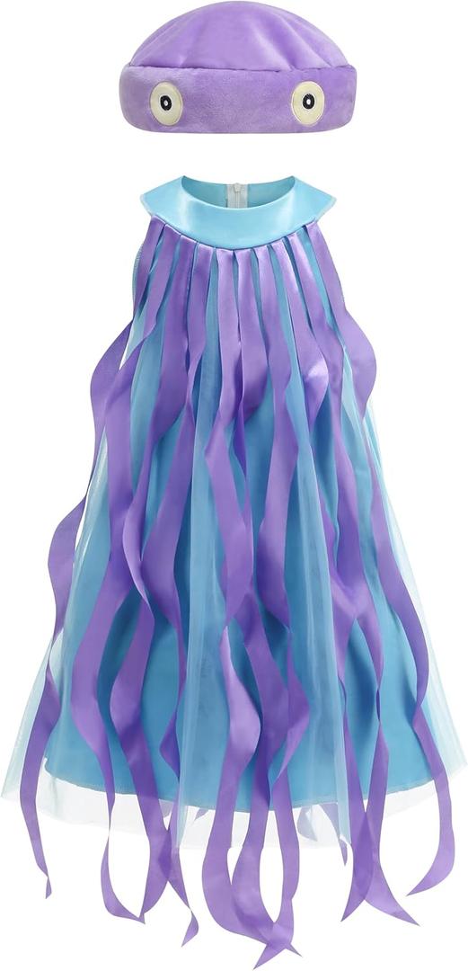 HAPNBCELE Girls Jellyfish Costume, Ocean Animal Halloween Christmas Birthday Dress Tutu Outfits with Headpiece, Blue, X-Large, (9-10Years)