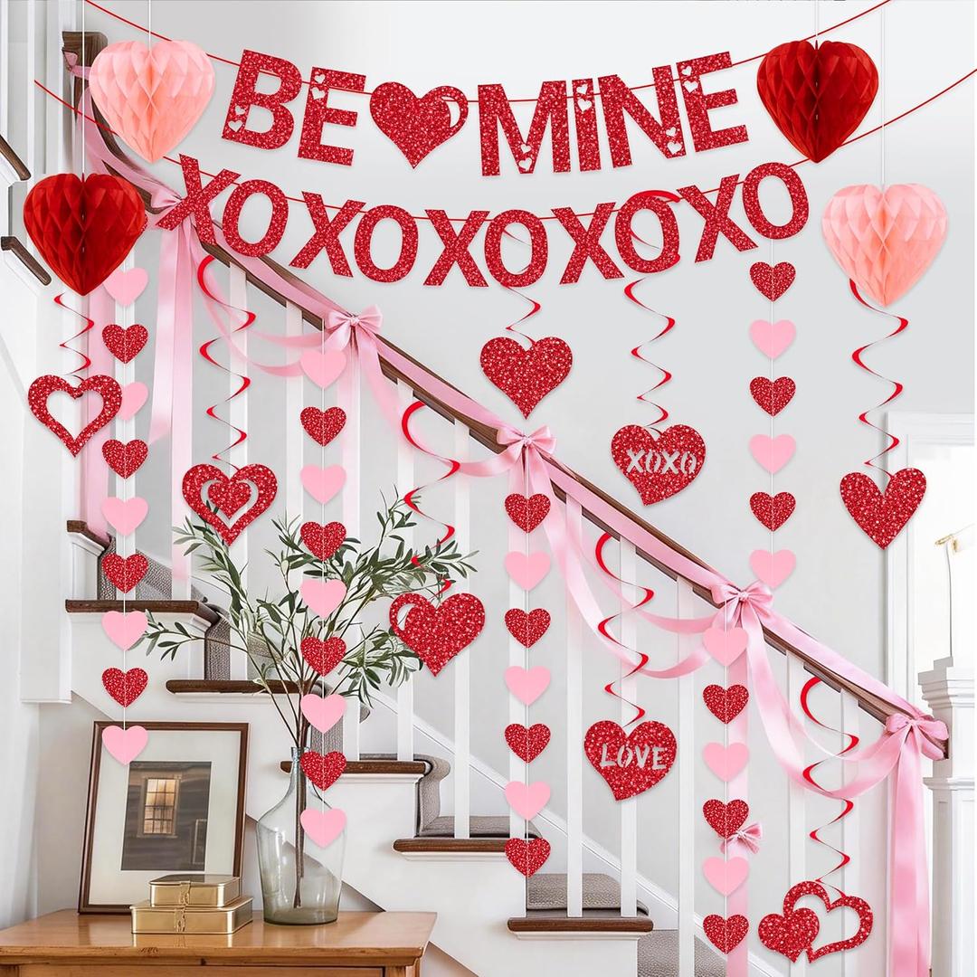 Pre-Strung Valentines Day Decorations, Red BE Mine XO Valentine's Banner,Heart Garlands & Hanging Swirls & Heart Honeycomb for Party Supplies, Valentines Decor Home Anniversary Wedding Bedroom