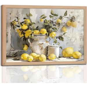 Framed Lemon Kitchen Wall Art Vintage Mustard French's Yellow Lemon Kitchen Rustic Oil Canvas Paintings Posters Prints for Dining Living Room Bedroom Preparing to hang 16x24in