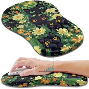 Hokafenle Ergonomic Mouse Pad Wrist Support, Wrist Rest Mousepad for Carpal Tunnel Pain Relief with Integrated Memory Foam Slope Massage Bulge (11.8x7.9 inch,Cute Cat