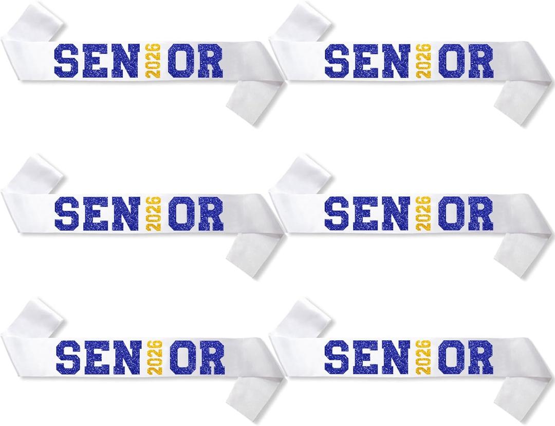 6Pcs White Senior 2026 Satin Sashes with Blue Gold Glitter Letters Senior 2026 Decorations- 2026 Graduation Celebrations Sashes - Senior Cheer Sash - Cheerleader Sash - Class Competition Sashes