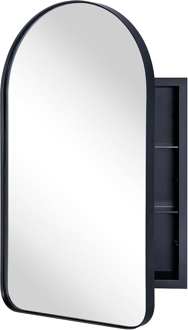 Matt Black Arched Recessed Bathroom Medicine Cabinet with Mirror Stainless Steel Metal Framed Rectangular Bathroom Cabinet with Mirror 16x28.3''