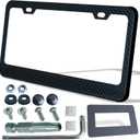 Carbon Fiber License Plate Frame, Carbon Patterns Printed Black Aluminum Plate, Upgraded 1.5mm Thickness, 2 Holes Wide Edge, Stainless Steel Anti-Theft Screws, Crash Pad, 1 Pack