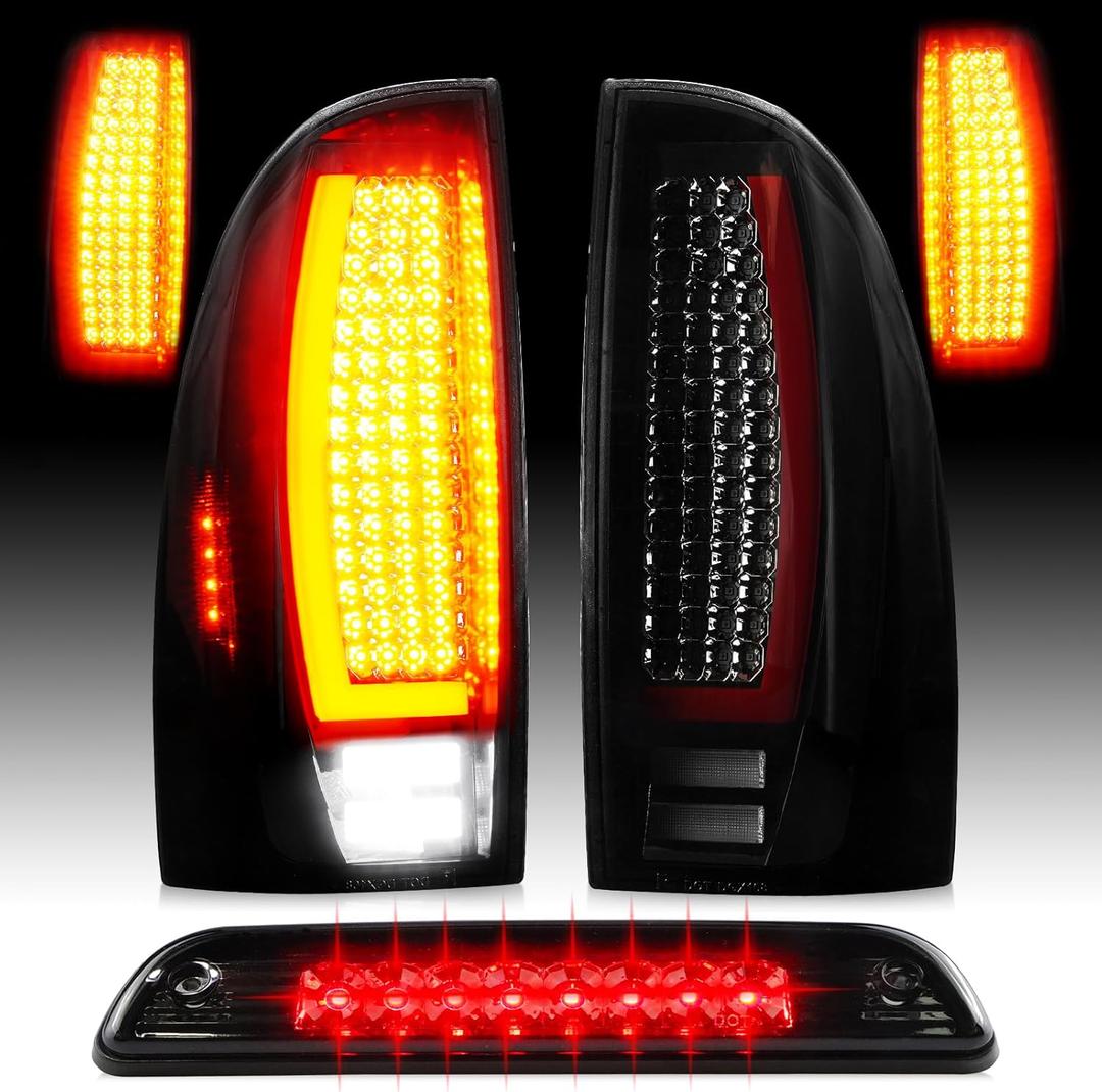 LED Tail Light Assembly + 3rd Third Brake Cargo Lamp Fit for Toyota Tacoma 2005-2015, Rear Taillight and High Mount Stop Light Chrome Housing Smoked Lens, 3 Pcs