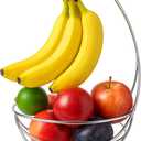 BNYD Chrome Fruit Bowl with Banana Holder  14" Countertop Wire Basket with Banana Hook, Modern Fruit Basket with Banana Tree Hanger for Kitchen Table or Island Storage