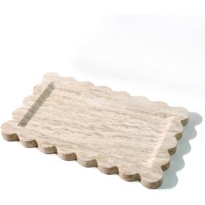 Natural 100% Marble Vanity Tray Luxury Scalloped Marble Storage Rectangle Italian Travertine Tray for Home Decor Stone Tray for Bathroom/Kitchen/Candle Key (Rectangle-11.8 * 7.4-Beige Travertine)