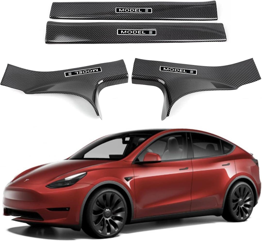 Door Sill Protector for Tesla Model 3, 4 Pieces Door Entry Protectors Strips for Inner Side, Tesla Model 3 Accessories 2021 2022 2023 for 5-Seater, Glossy Carbon Fiber Pattern