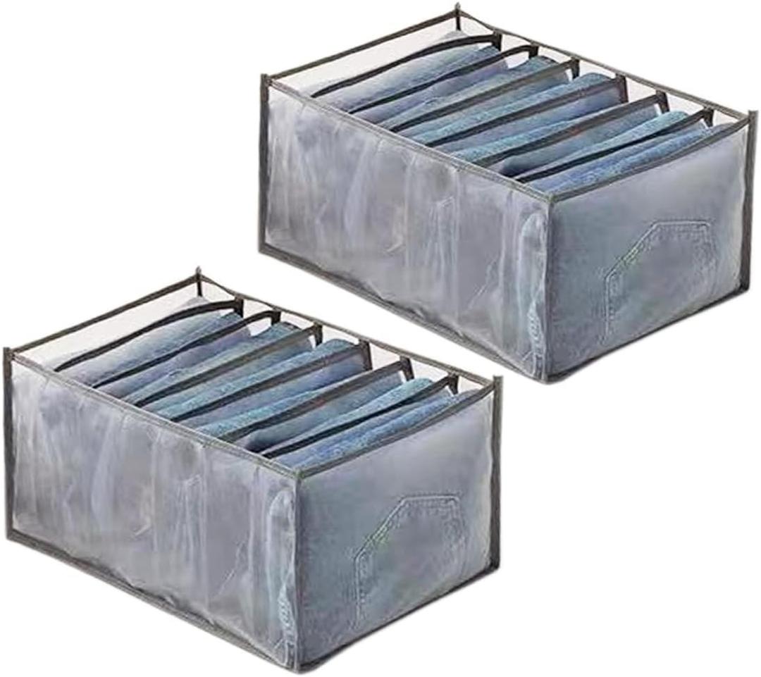 Wardrobe Clothes Organizer, 7 Grids Washable Portable Closet Organizer Mesh Separation Storage Box Foldable Closet Drawer Organizer for Underwear, Socks, Scarves, Jeans (Grey, 2 Jeans Grid)