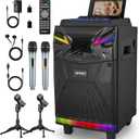 GTSK10-1 Karaoke Machine, Portable Bluetooth Speaker with 2 Wireless Karaoke Microphones for Adults, Live Streaming & Voice Monitoring, Tablet Lyrics Display Holder, DJ Lights/TV for Party & Church (10 inch)