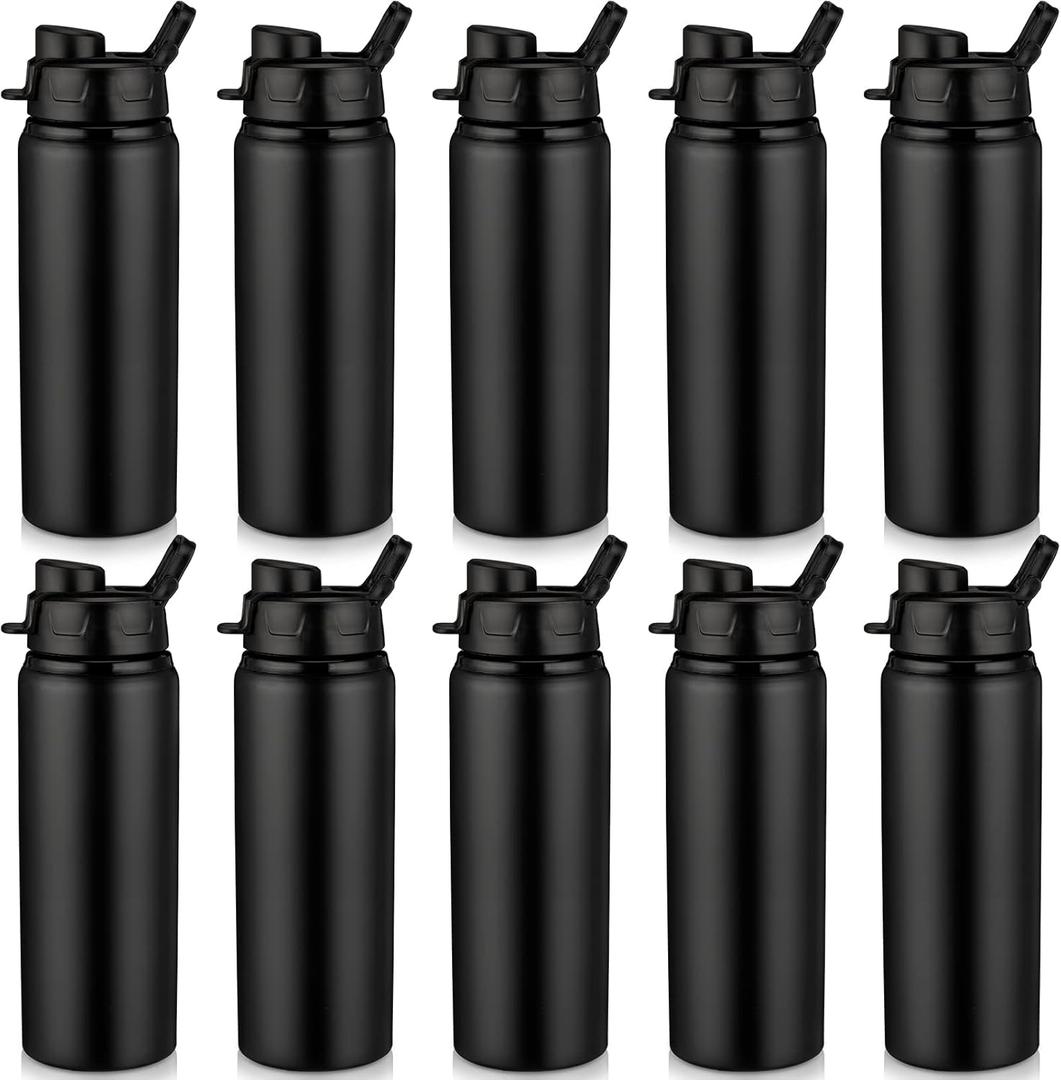 Shellwei 10 Pcs Aluminum Metal Water Bottles Bulk 24 oz Lightweight Leak Proof Sports Water Bottle with Snap Lid Reusable Bottle for Travel Camping Hiking (Black)