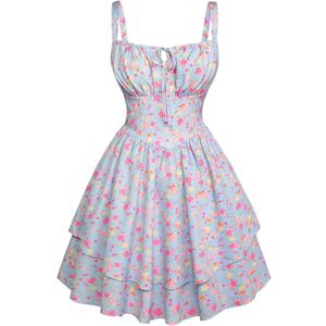 Scarlet Darkness Sundress for Women Summer Sleeveless Floral Dress Ruffle Corset Mini Dress Blue Pink Floral XL