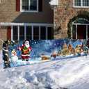 Santa Christmas Banner 79x18 Inch Winter Cottage and Tree Backdrop with Snowman Bear and Lights for Holiday Party Wall Decor Outdoor Fence Indoor Kids Photo Background