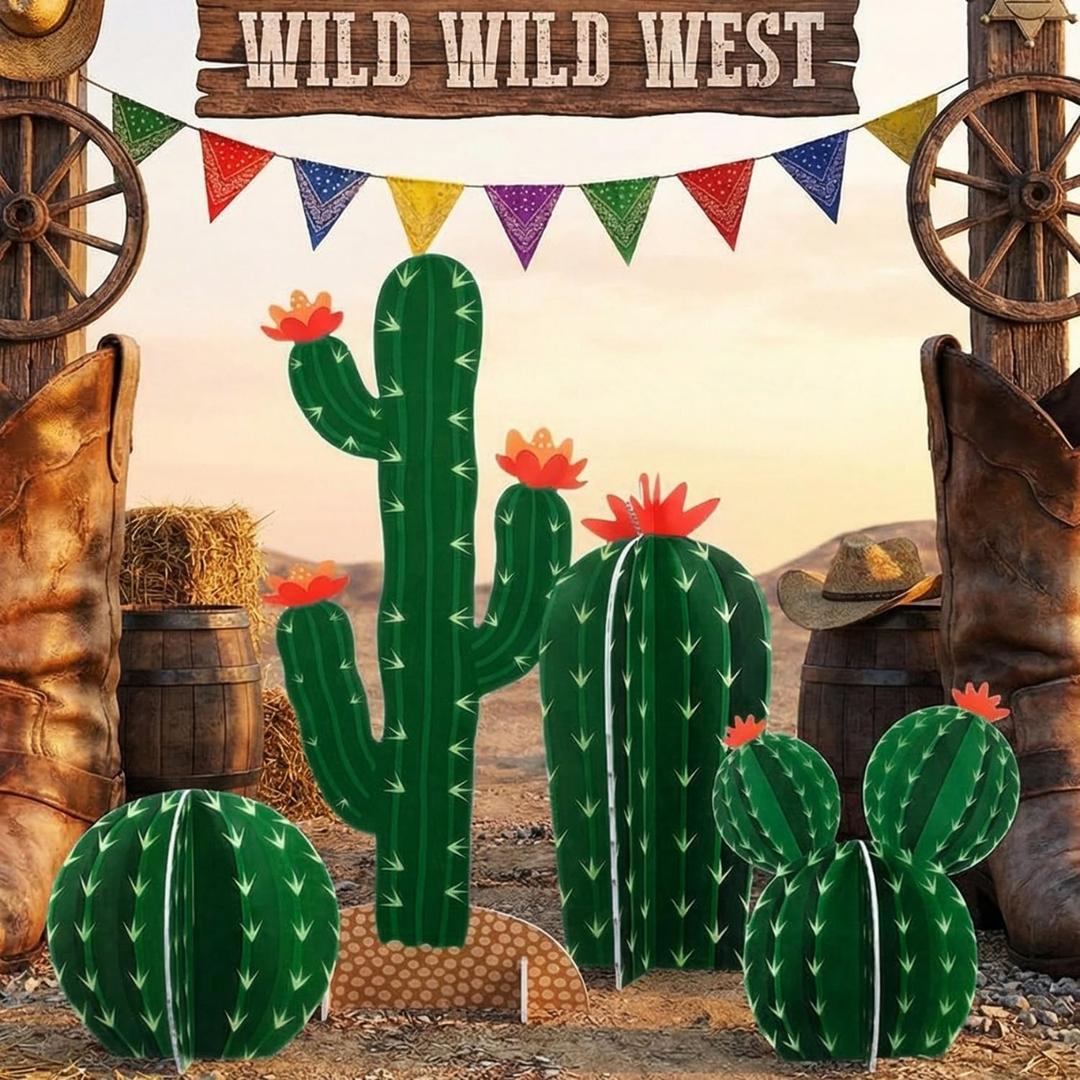 AceOrbit 4 Set Green Cactus Cutouts Jointed Cardboard 3D Cactus Cardboard Cutouts Decorations for Mexican Fiesta Western Cowboy Theme Party Cinco De Mayo Prop Hawaiian Pool Party Desert