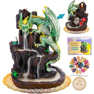 Dragon Backflow 2 Sided Mountain Waterfall Incense Burner, Fountain Smoke Incense Holder with Backflow Incense Cones, Tweezers, MatResin Aromatherapy Meditation (Green)