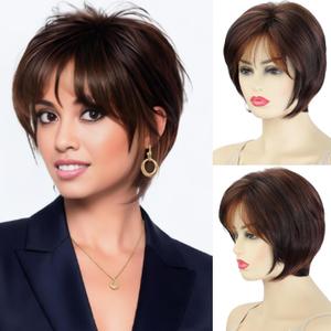 XIUFAXIRUSI XIUFAXIRUSI Brown Layered Pixie Bob Wigs for White Women Blonde Mix Brown Short Straight Wig with Cute Bangs Natural Looking Synthetic Fluffy Wig