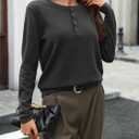 Women's 100% Wool Sweater Henley Crew Neck Knit Pullover Sweater Half Button up Jumper Office Casual Outfits (Black, S)