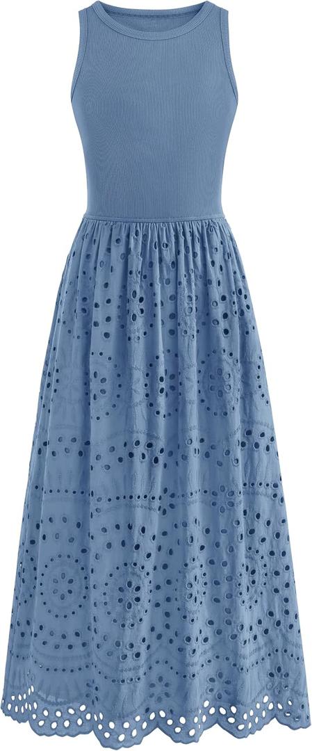 dowerme Women Summer Dresses 2026 Casual Sleeveless Crewneck A-Line Boho Lace Eyelet Cotton Tank Maxi Dress with Pockets M