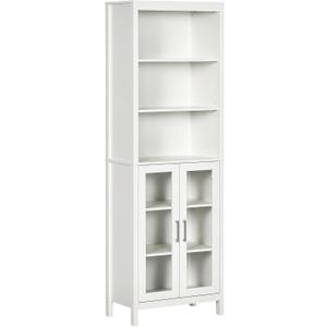 kleankin Tall Bathroom Storage Cabinet with 3 Tier Shelf, Glass Door Cabinet, Freestanding Linen Tower with Adjustable Shelves, Antique White