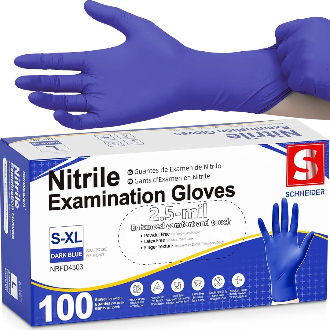 Schneider Medical Nitrile Exam Gloves, Dark Blue, Disposable Gloves, Latex-Free, Powder-Free, Food Safe for Cleaning, Cooking, Household Use, 100 Count, Size Medium