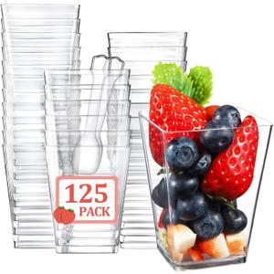Eupako 125 Pack 5 OZ Plastic Mini Dessert Cups with Spoons - Clear Small Parfait Cups, Square Appetizer Cups for Fruit, Pudding, Mousse, Ice Cream, Party, Wedding, Valentine's Day