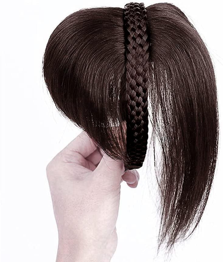 ICRAB 10" Womens Human Hair Braided Headband Hairpiece Natural Looking Hairband Braids Human Hair Topper Wiglets Clip In Topper Hair Piece with Bangs Twist Braid Human Hair Topper Dark Brown