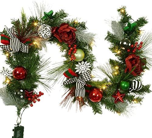 Adeeing 6 FT Christmas Garland with Lights, Pre-lit Outdoor Garland with Battery Operated 20 LED Lights, Holiday Garland with Stars, Flower, Berry Branches , Snowflakes for Mantel(Red and Green)